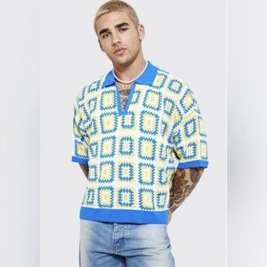 Boohooman Men’s Short Sleeve Boxy Fit Revere Crochet Knit Polo NWT Size M